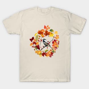 Autumn Wreath Black Capped Chickadee Bird Digital Oil Painting T-Shirt